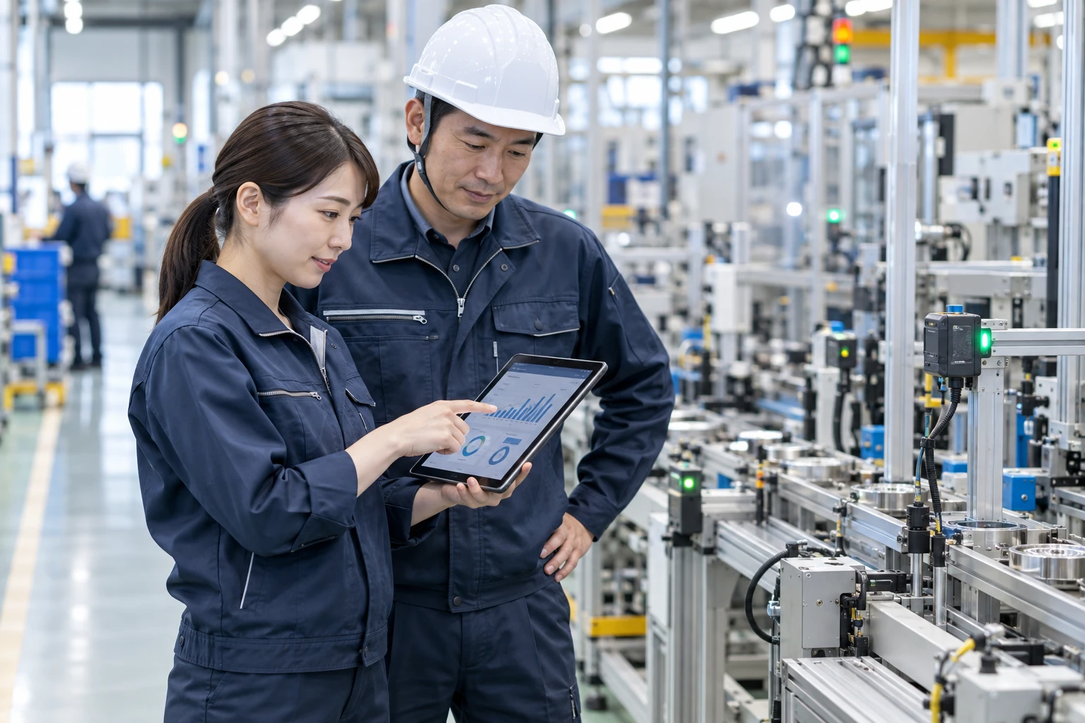 製造現場でタブレットを見ながら話し合う担当者