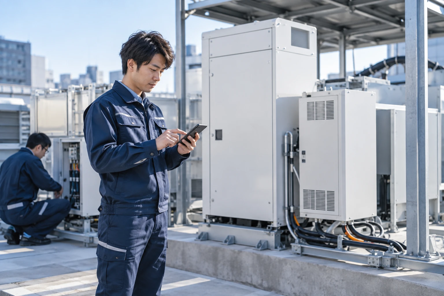 屋上の設備機器をスマートフォンで確認する技術者