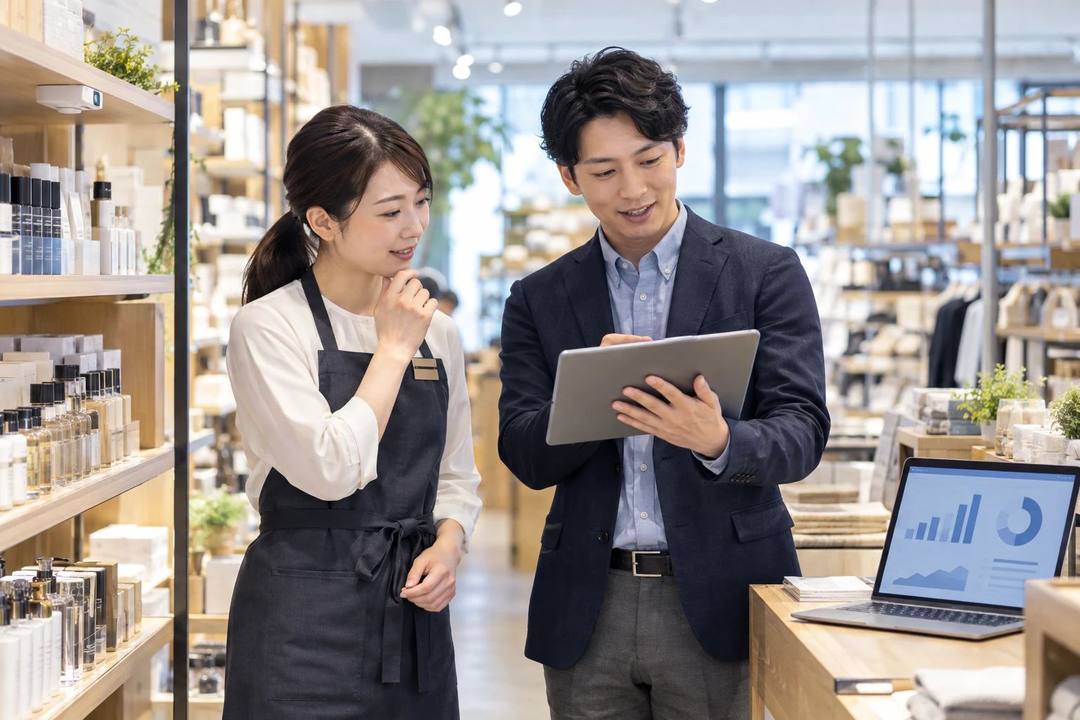 店頭でタブレットを見ながら打ち合わせする店舗スタッフ